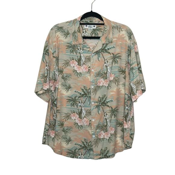 Free Planet men beige green Hawaiian short sleeves button shirt size XL - Picture 6 of 8